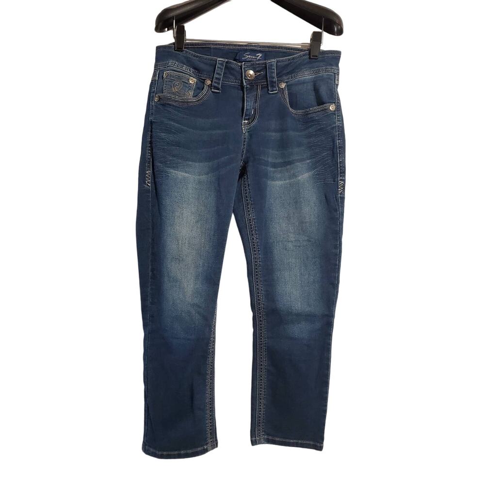 Seven7 Thick Stitch Mid Rise Dark Stone Wash Capris Womens Size 4 Cropped Blue